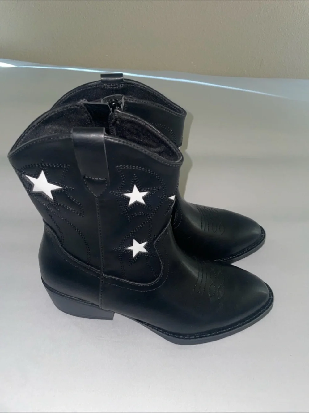 Girls‎ Western Boots Size 4 Black White Star Faux Leather Cowboy
